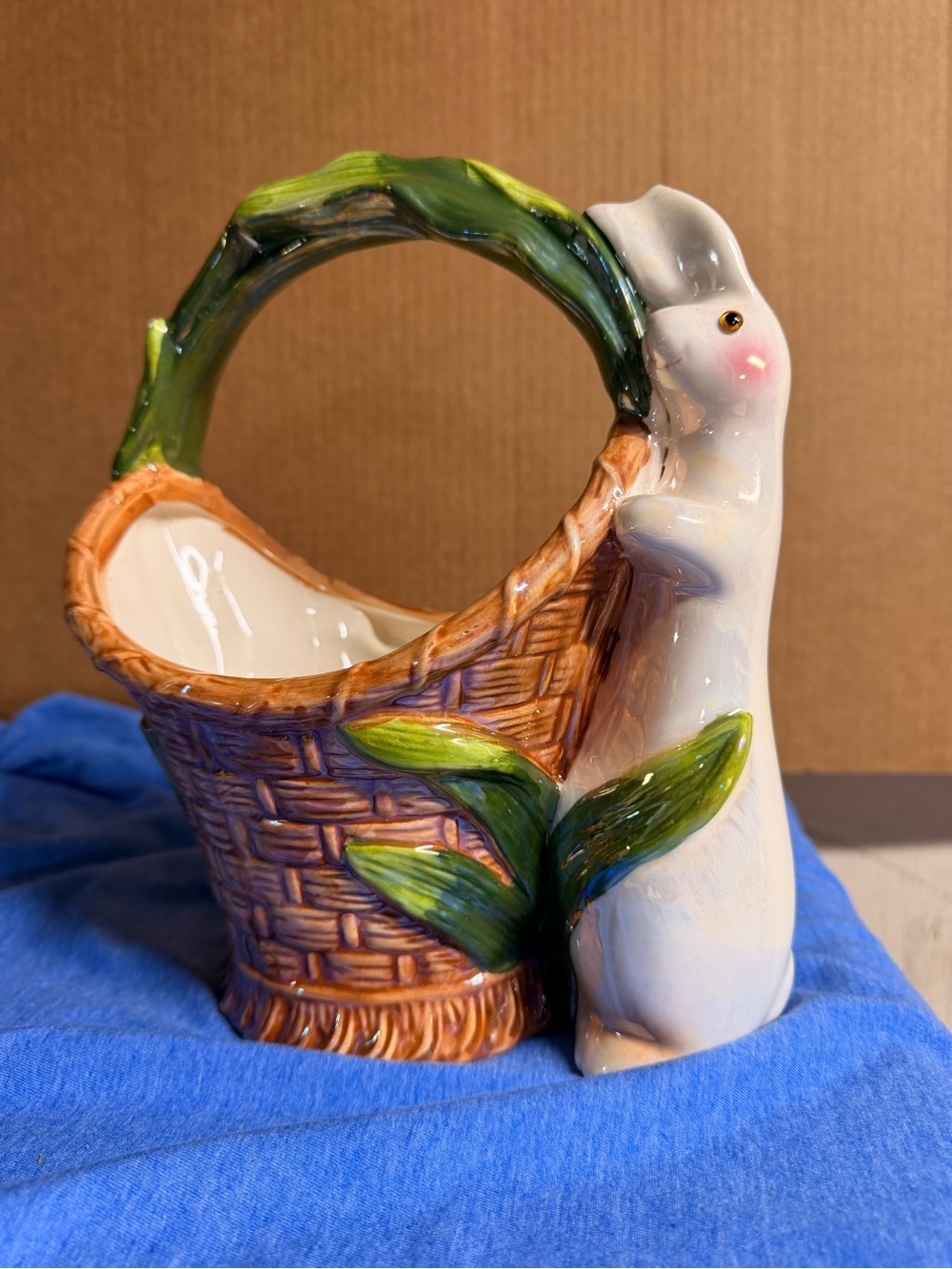 Glossy Ceramic Bunny Basket Planter in White, Green and Brown